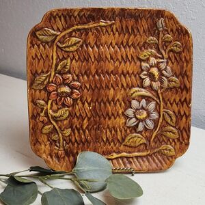 Vintage Wall Plate, c 1964, Basket Weave w/Flowers, Square, Fun Vintage Vibe!